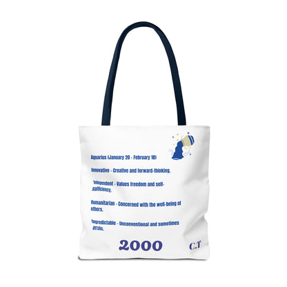 Aquarius Zodiac White Canvas Tote Bag — Personalized Birth Year & Initials