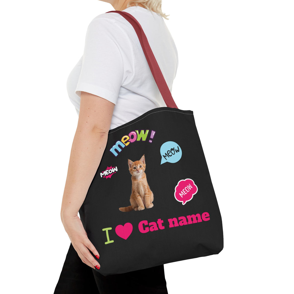 Personalized Cat Lover Canvas Tote Bag — "I  Cat name" Customizable Cat Photo Tote