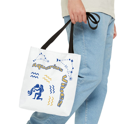 Aquarius Zodiac White Canvas Tote Bag — Personalized Birth Year & Initials