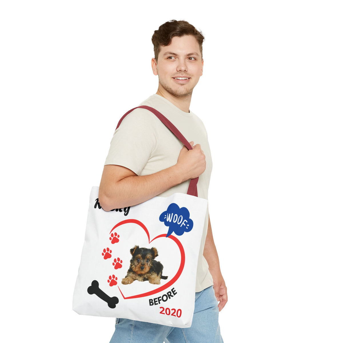 Personalized Puppy Photo & Name White Canvas Tote Bag — "Rocky" Before & Now Paw Print Design