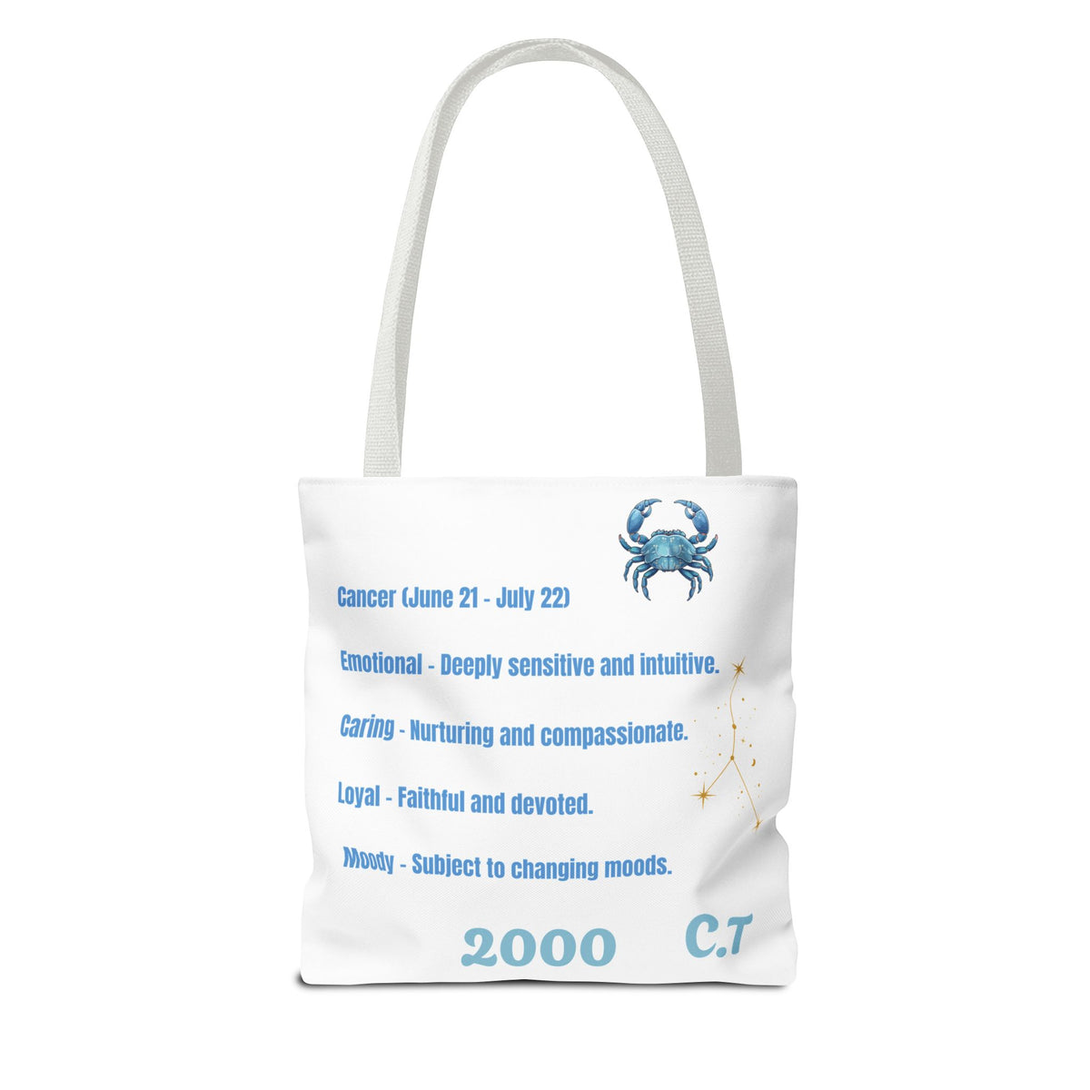 Personalized Initials & D.O.B Cancer Zodiac White Canvas Tote Bag – June 21–July 22 Astrology Gift