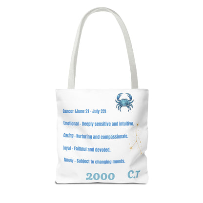 Personalized Initials & D.O.B Cancer Zodiac White Canvas Tote Bag – June 21–July 22 Astrology Gift