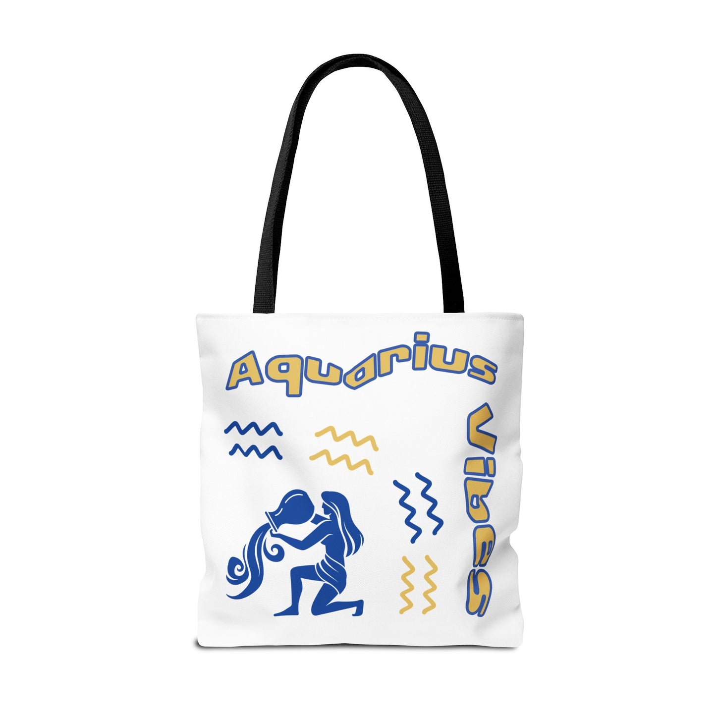 White AOP Aquarius theme tote bag with blue and yellow writing on it.