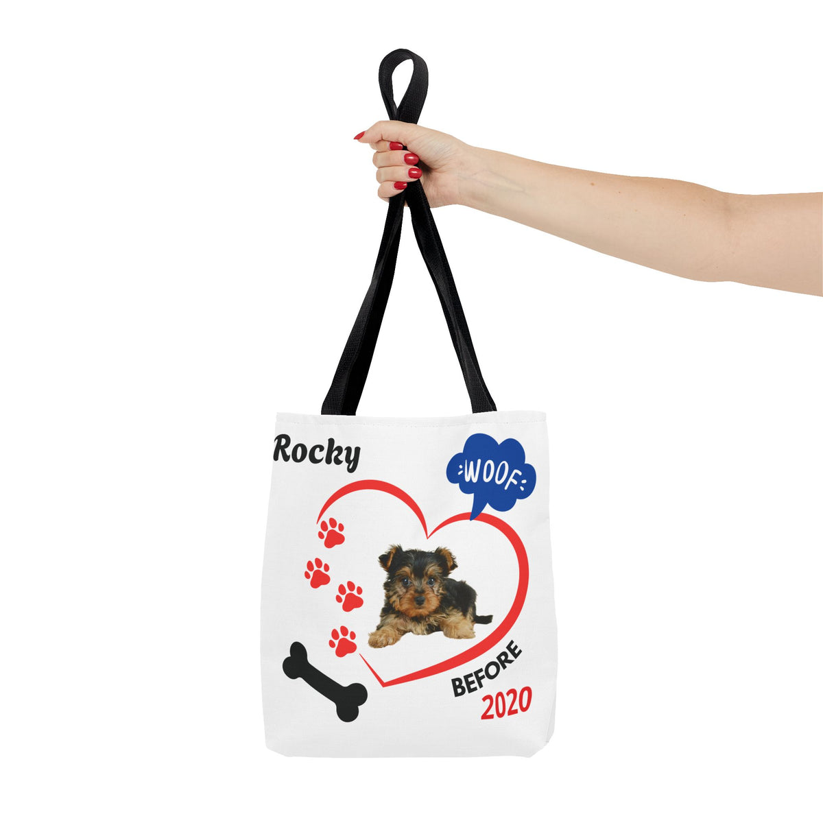 Personalized Puppy Photo & Name White Canvas Tote Bag — "Rocky" Before & Now Paw Print Design