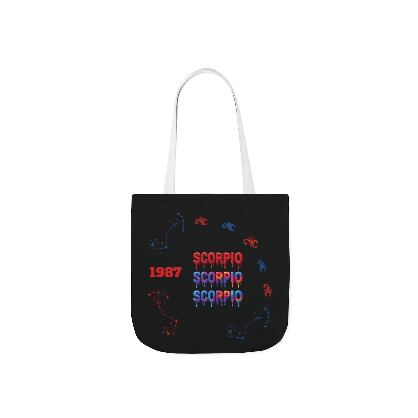 Personalized D.O.B Scorpio 1987 Tote Bag with initials in back — Zodiac Canvas Tote with Neon Scorpion Design
