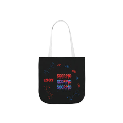 Personalized D.O.B Scorpio 1987 Tote Bag with initials in back — Zodiac Canvas Tote with Neon Scorpion Design