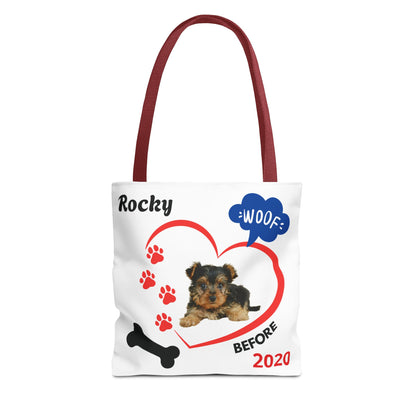 Personalized Puppy Photo & Name White Canvas Tote Bag — "Rocky" Before & Now Paw Print Design