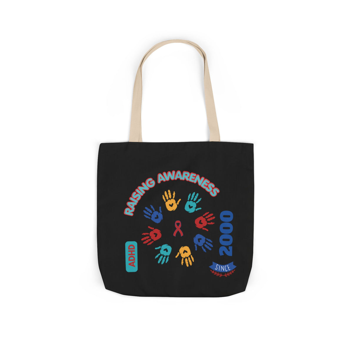 ADHD Awareness Rainbow Ribbon Canvas Tote with Personalized awareness year.