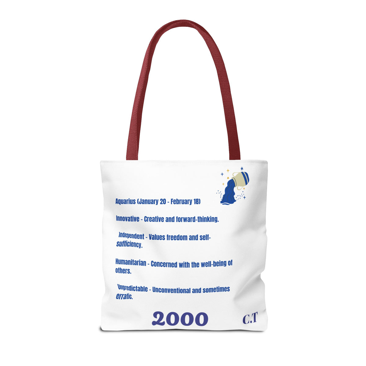 Aquarius Zodiac White Canvas Tote Bag — Personalized Birth Year & Initials