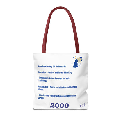 Aquarius Zodiac White Canvas Tote Bag — Personalized Birth Year & Initials