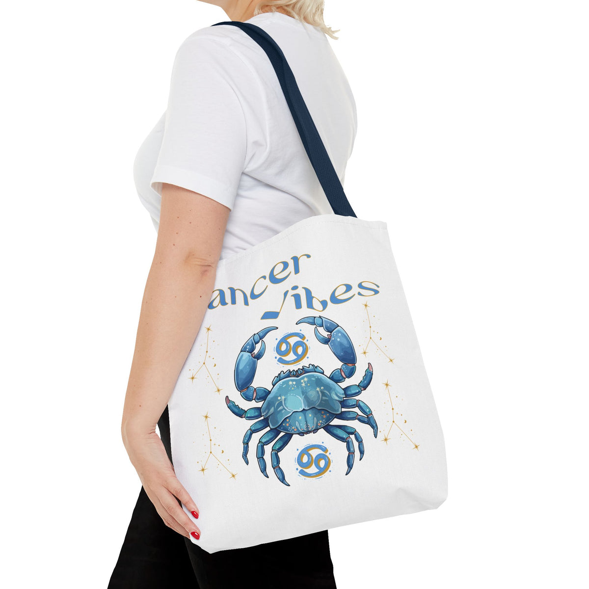 Personalized Initials & D.O.B Cancer Zodiac White Canvas Tote Bag – June 21–July 22 Astrology Gift