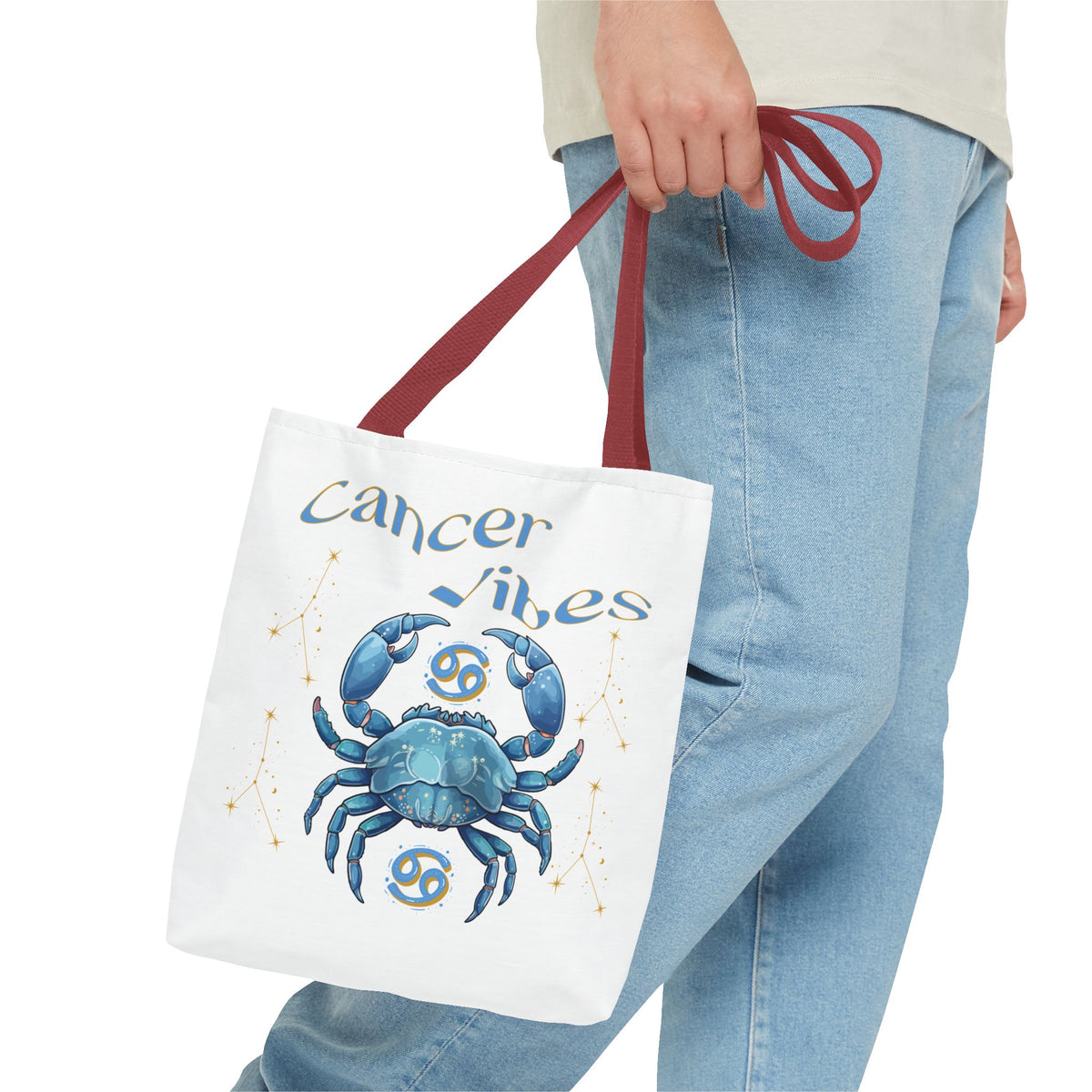 Personalized Initials & D.O.B Cancer Zodiac White Canvas Tote Bag – June 21–July 22 Astrology Gift