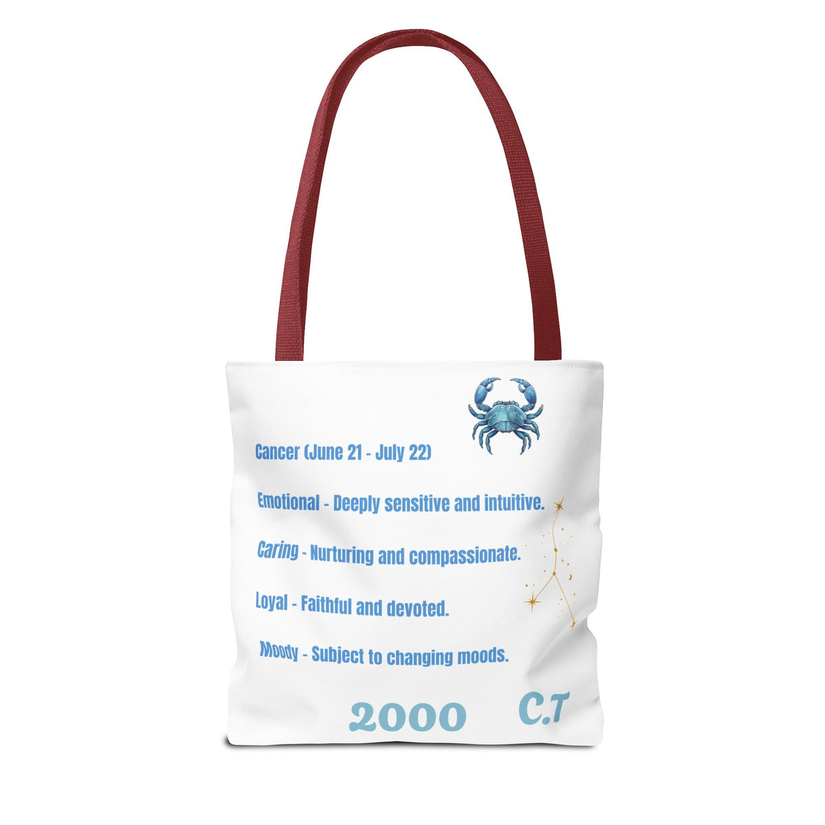 Personalized Initials & D.O.B Cancer Zodiac White Canvas Tote Bag – June 21–July 22 Astrology Gift
