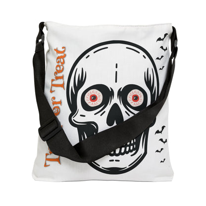 Personalized initial white  and black Halloween Skull Tote Bag — "Trick or Treat" Adjustable Candy Bag