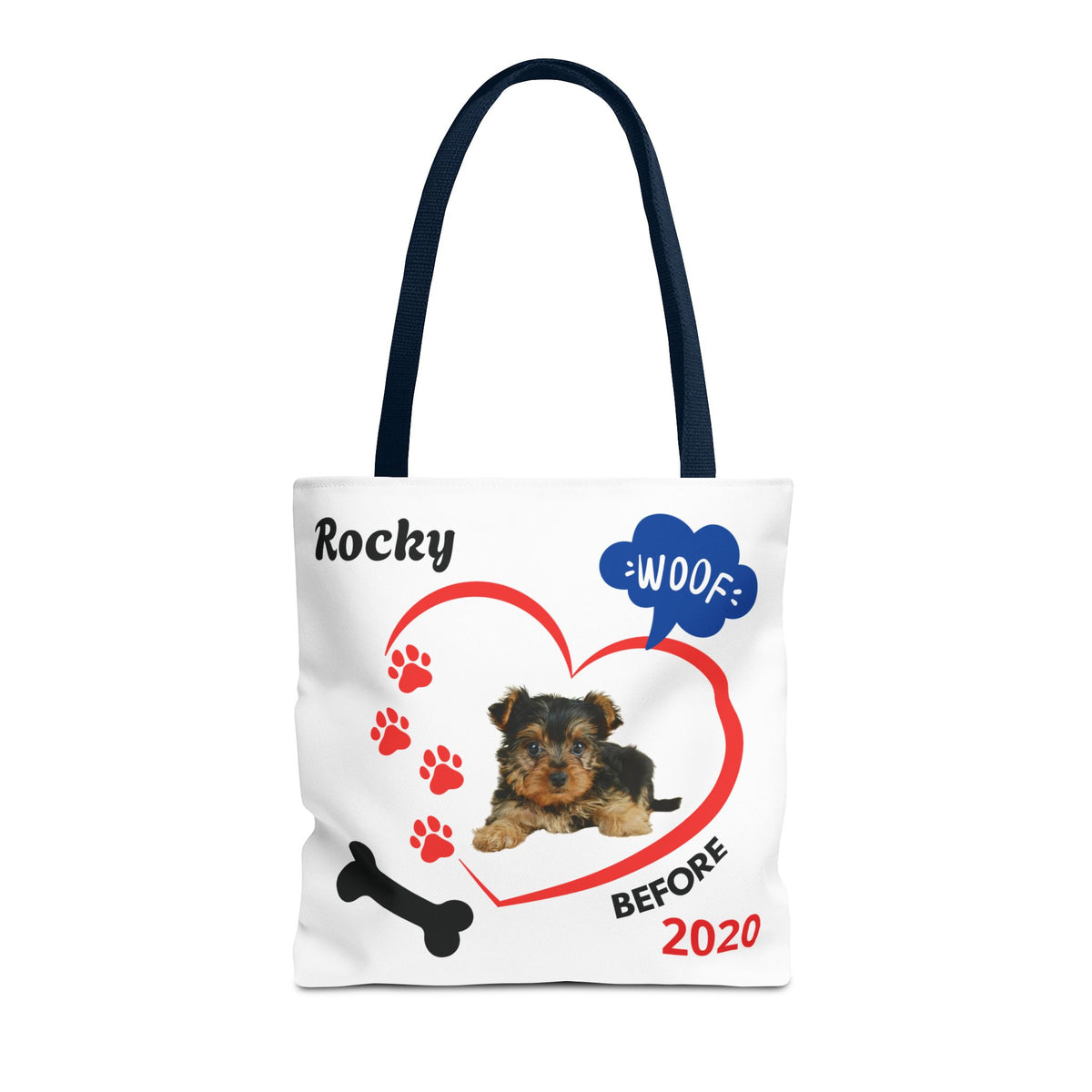 Personalized Puppy Photo & Name White Canvas Tote Bag — "Rocky" Before & Now Paw Print Design