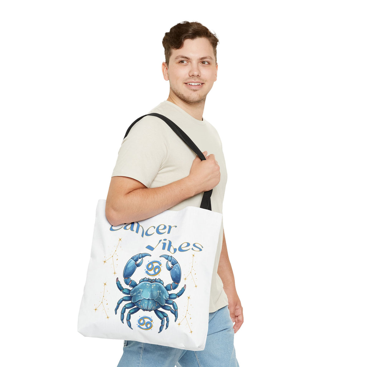 Personalized Initials & D.O.B Cancer Zodiac White Canvas Tote Bag – June 21–July 22 Astrology Gift