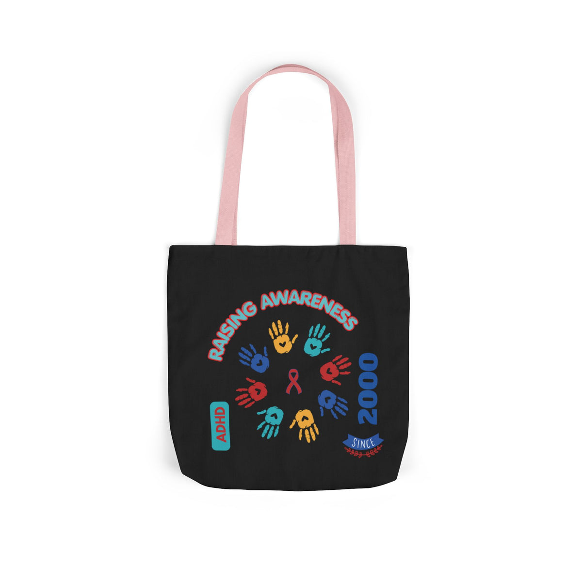 ADHD Awareness Rainbow Ribbon Canvas Tote with Personalized awareness year.