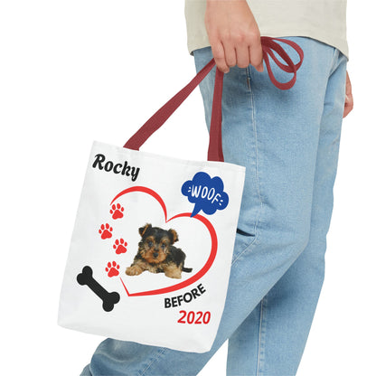 Personalized Puppy Photo & Name White Canvas Tote Bag — "Rocky" Before & Now Paw Print Design