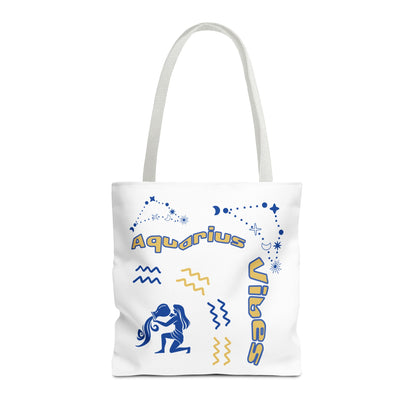Aquarius Zodiac White Canvas Tote Bag — Personalized Birth Year & Initials