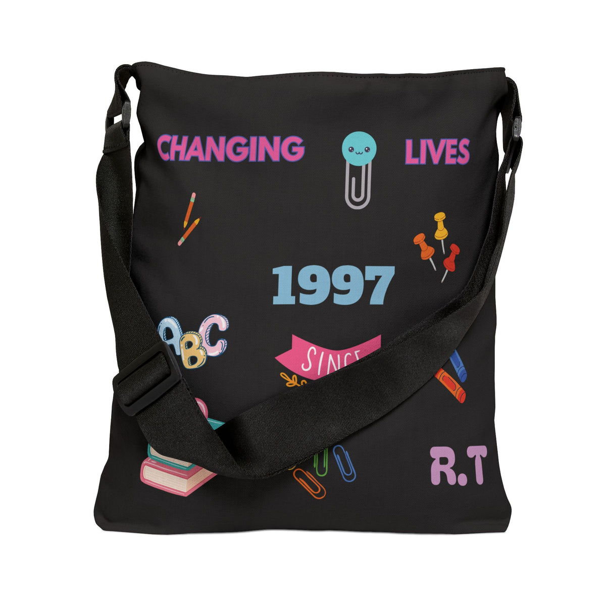 Personalized initial & Teaching Year Black Adjustable Tote Bag — 'Changing Lives Since 1997'