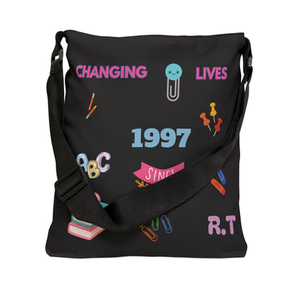 Personalized initial & Teaching Year Black Adjustable Tote Bag — 'Changing Lives Since 1997'