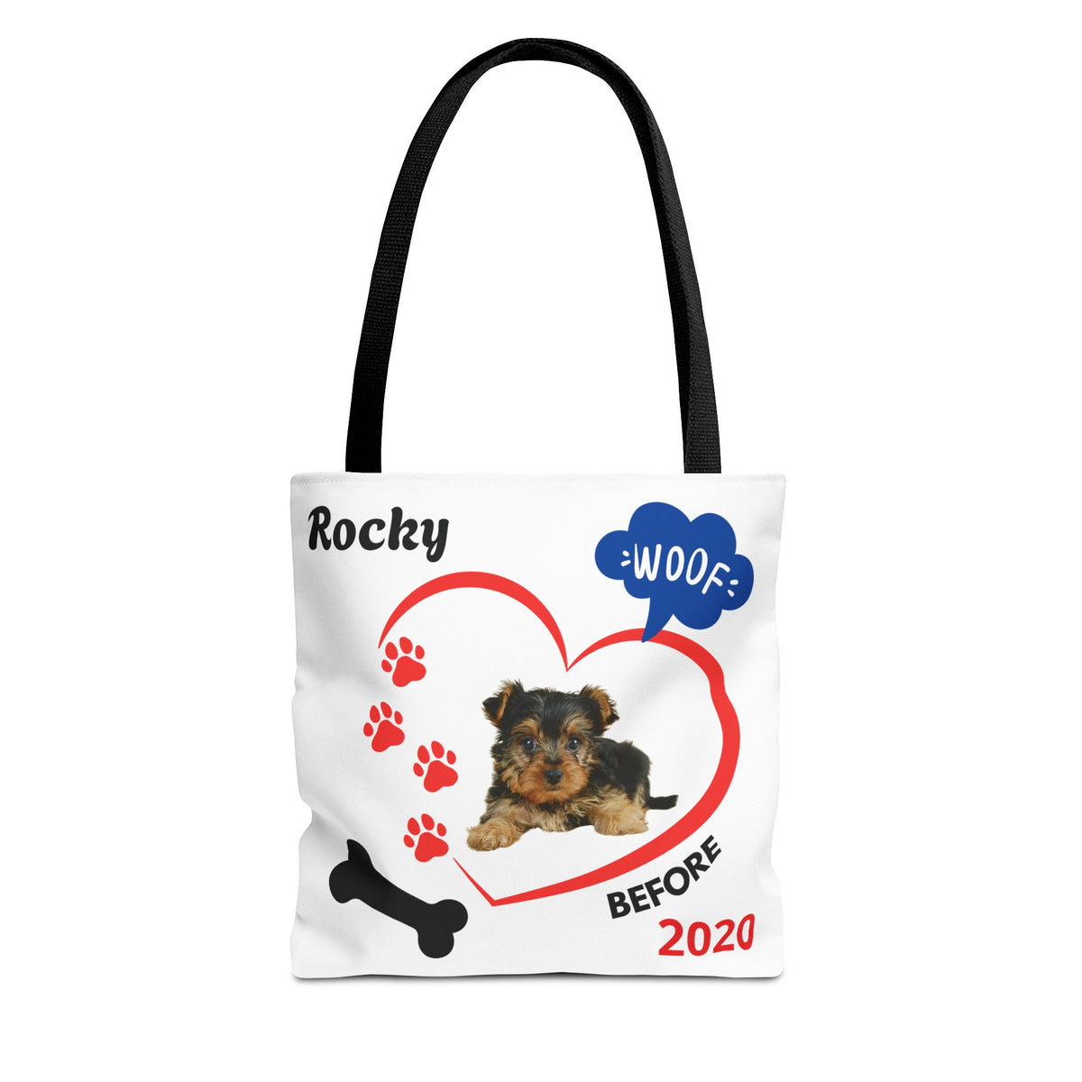 Personalized Puppy Photo & Name White Canvas Tote Bag — "Rocky" Before & Now Paw Print Design