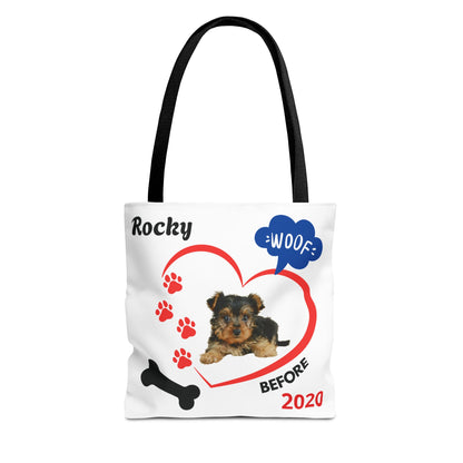 Personalized Puppy Photo & Name White Canvas Tote Bag — "Rocky" Before & Now Paw Print Design