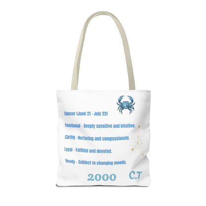 Personalized Initials & D.O.B Cancer Zodiac White Canvas Tote Bag – June 21–July 22 Astrology Gift