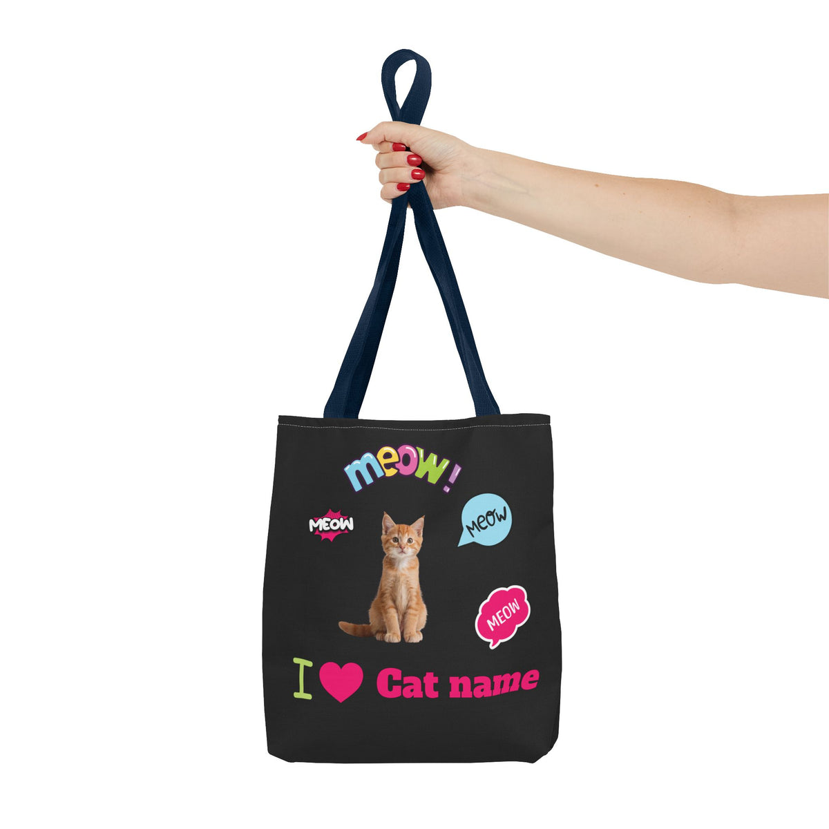 Personalized Cat Lover Canvas Tote Bag — "I  Cat name" Customizable Cat Photo Tote
