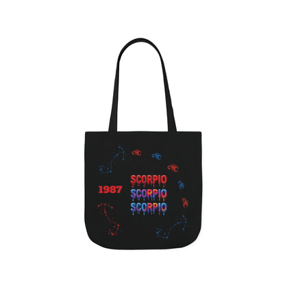 Personalized D.O.B Scorpio 1987 Tote Bag with initials in back — Zodiac Canvas Tote with Neon Scorpion Design