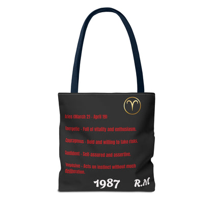 Personalized Initial & Birthdate Aries Vibes Black  Tote Bag — Zodiac Aries Horoscope Astrological Design (Born 1987)