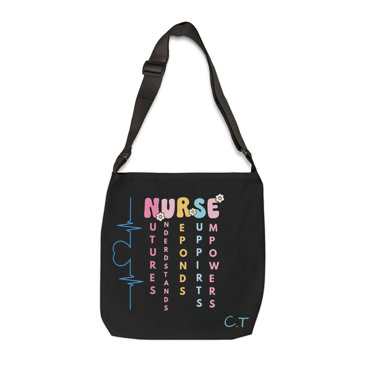 Personalized initial & Years of Services Nurse Black Adjustable Tote Bag