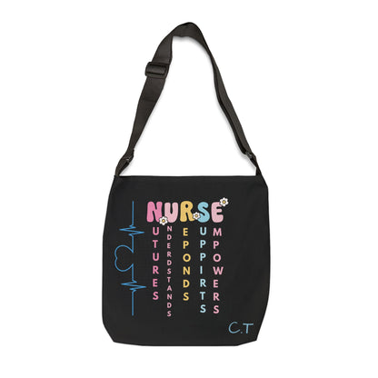 Personalized initial & Years of Services Nurse Black Adjustable Tote Bag