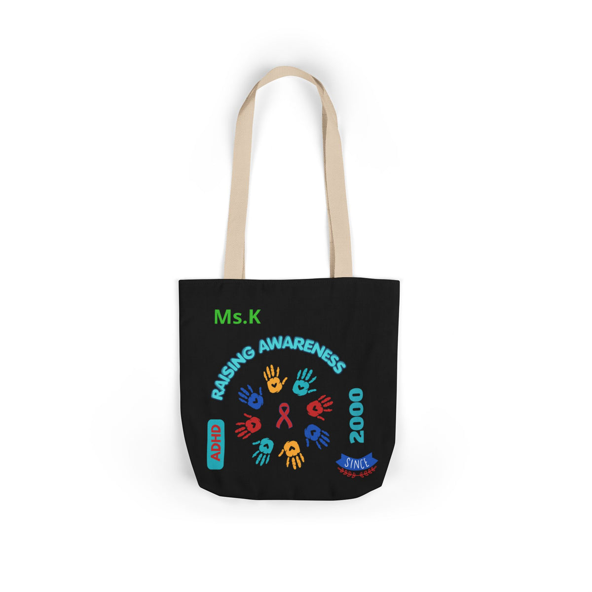 Autism Awareness Canvas Tote — Rainbow Handprints & Ribbon Design