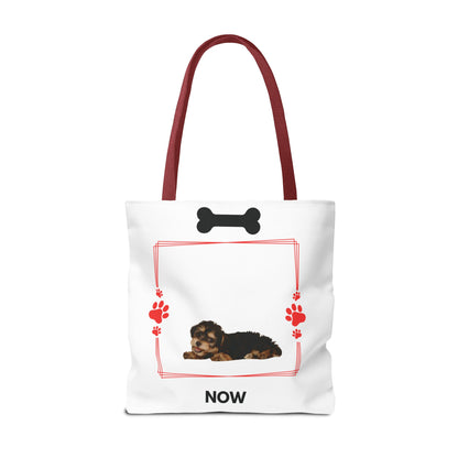 Personalized Puppy Photo & Name White Canvas Tote Bag — "Rocky" Before & Now Paw Print Design