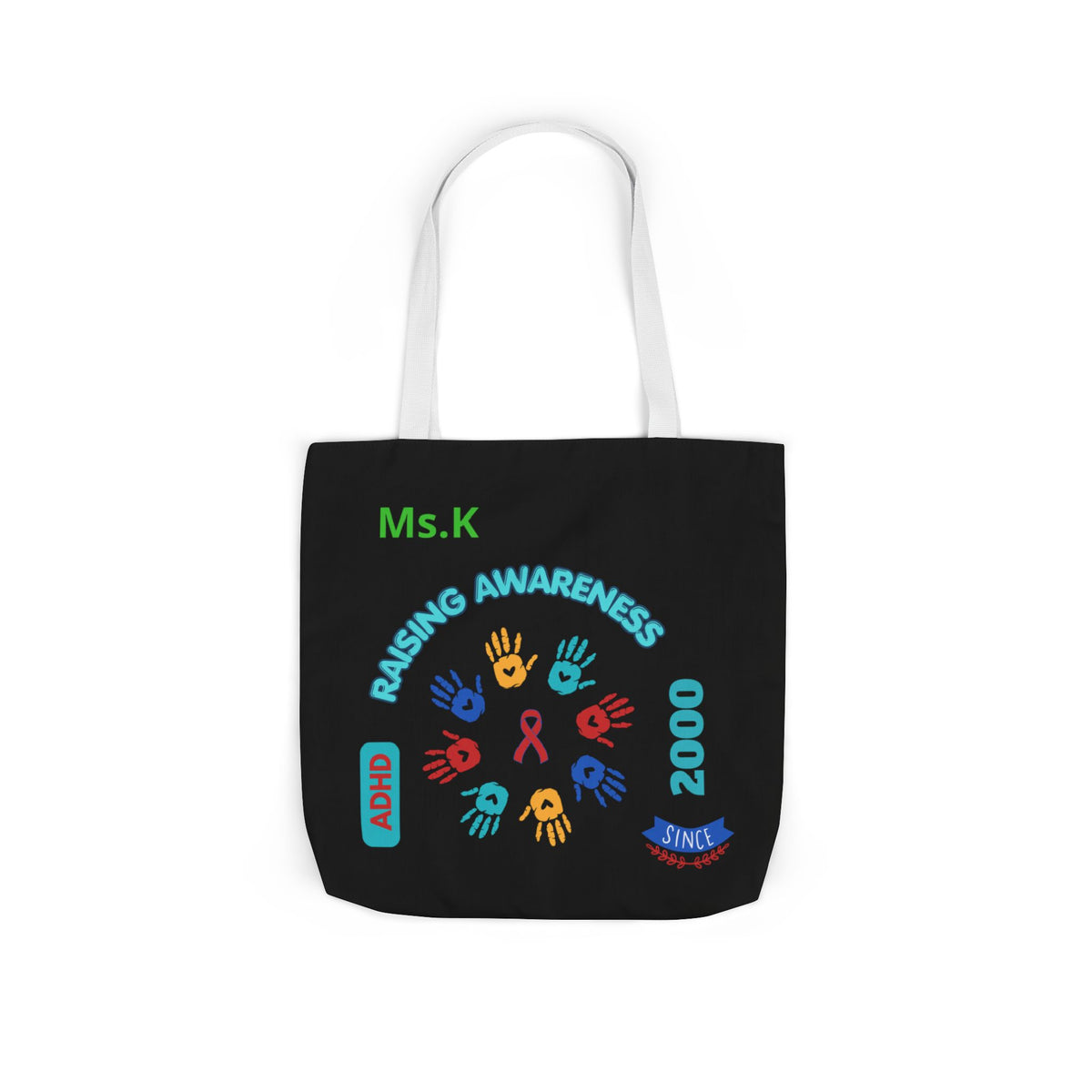 Autism Awareness Canvas Tote — Rainbow Handprints & Ribbon Design
