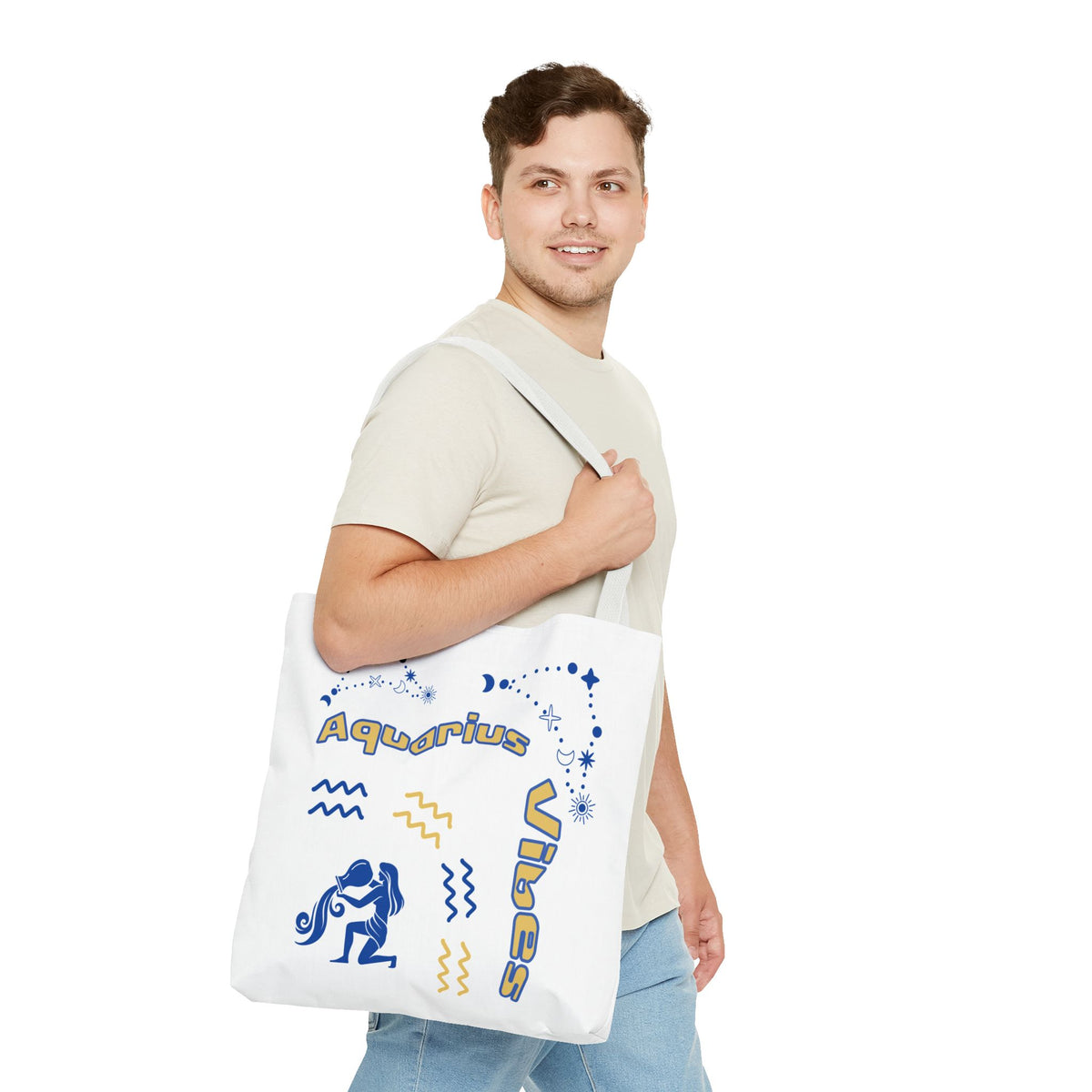 Aquarius Zodiac White Canvas Tote Bag — Personalized Birth Year & Initials