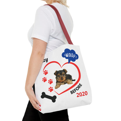 Personalized Puppy Photo & Name White Canvas Tote Bag — "Rocky" Before & Now Paw Print Design