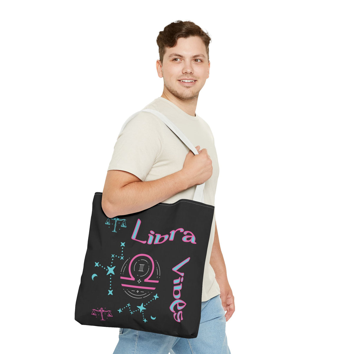 Personalized Initial & D.O.B Libra Zodiac Black Tote Bag with Traits & Birth Year (1997)