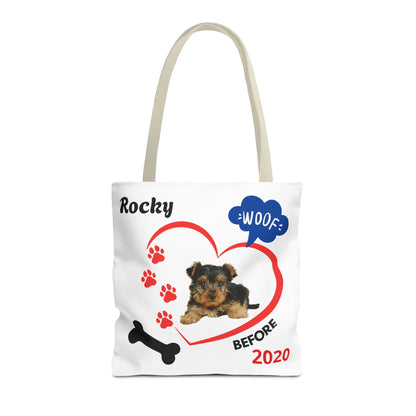 Personalized Puppy Photo & Name White Canvas Tote Bag — "Rocky" Before & Now Paw Print Design