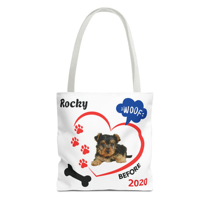 Personalized Puppy Photo & Name White Canvas Tote Bag — "Rocky" Before & Now Paw Print Design