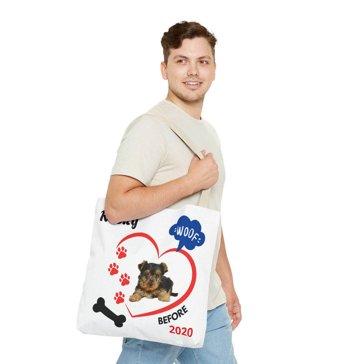 Personalized Puppy Photo & Name White Canvas Tote Bag — "Rocky" Before & Now Paw Print Design
