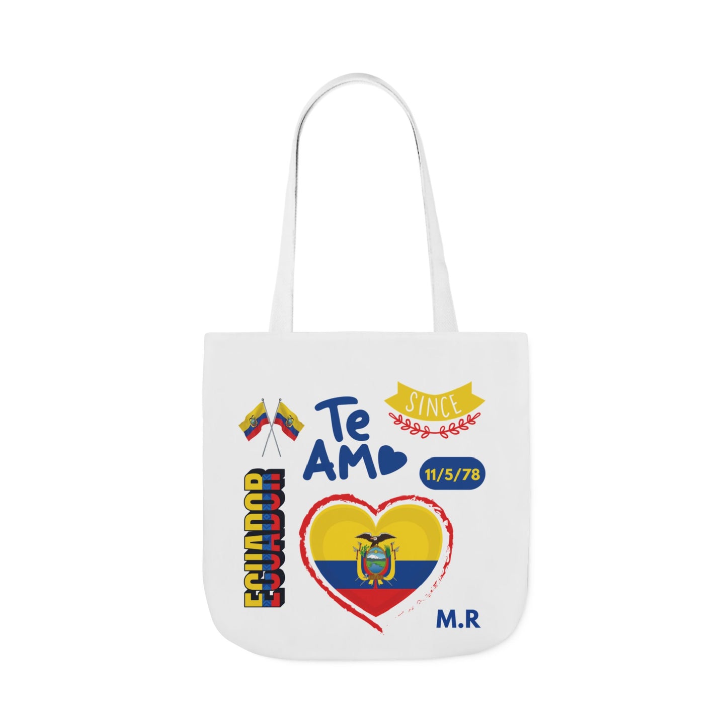 Ecuadorian Pride White Canvas Tote Bag with 5-Color Straps – Te Amo & Yo Soy Designs( Personalized Date of Birth & initials)