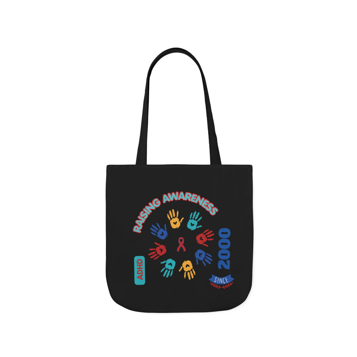 ADHD Awareness Rainbow Ribbon Canvas Tote with Personalized awareness year.