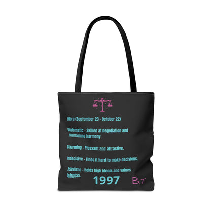 Personalized Initial & D.O.B Libra Zodiac Black Tote Bag with Traits & Birth Year (1997)