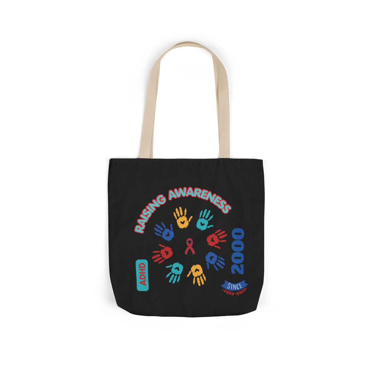 ADHD Awareness Rainbow Ribbon Canvas Tote with Personalized awareness year.