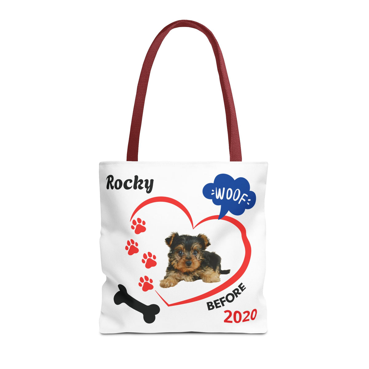 Personalized Puppy Photo & Name White Canvas Tote Bag — "Rocky" Before & Now Paw Print Design