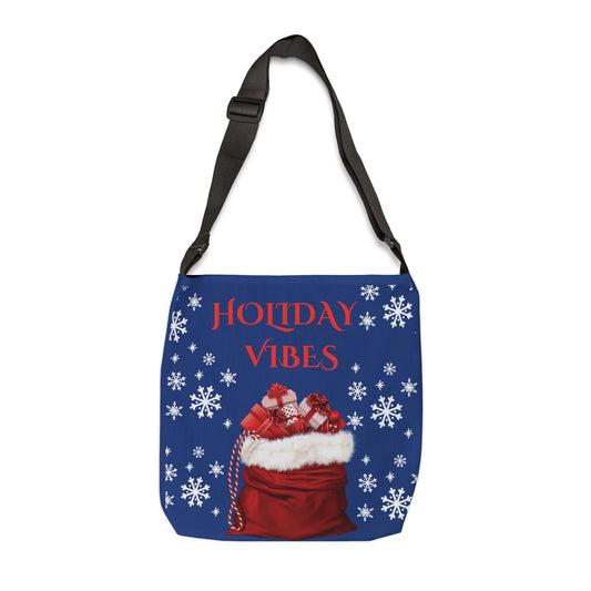 Blue with Red Christmas AOP canvas tote bag with bag of presents and front and Christmas vibes wording infront.