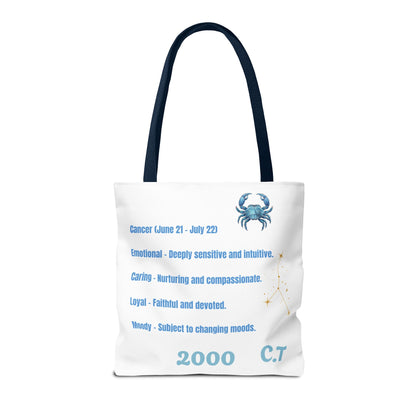 Personalized Initials & D.O.B Cancer Zodiac White Canvas Tote Bag – June 21–July 22 Astrology Gift