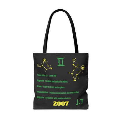 Personalized Initial & D.O.B Gemini Vibes black Zodiac Tote Bag